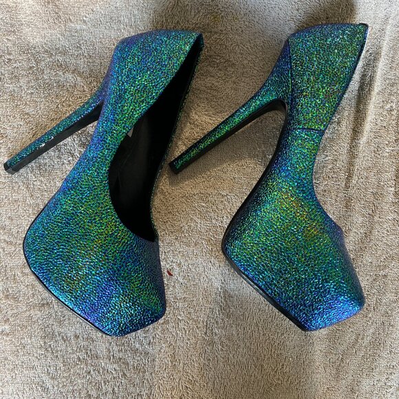 Steve Madden “Deja Vu” Iridescent Green Blue Platform Pumps | Size 8M | Glitter - Picture 3 of 8